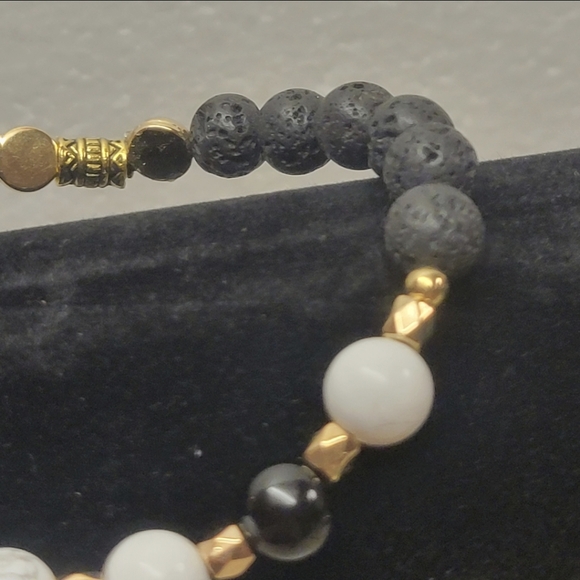 Gold, Black Lava, White Howlite, and Black Obsidian Bracelet - Picture 6 of 7